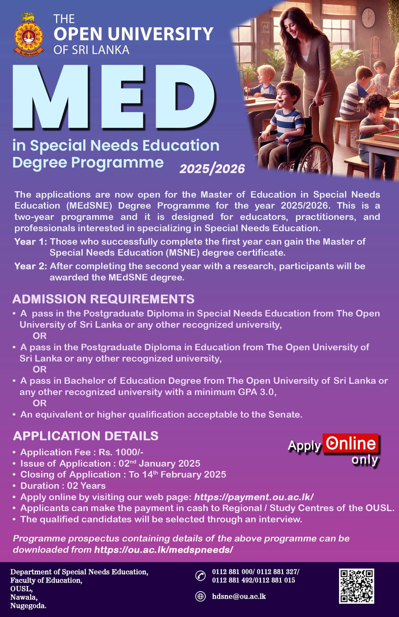 MEd in Special Needs Education Degree 2025 – Open University (OUSL)